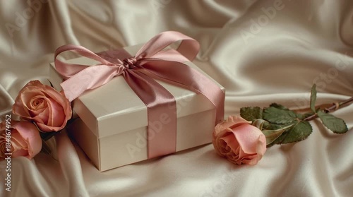 Gift Box and Pink Roses on Satin Cloth
