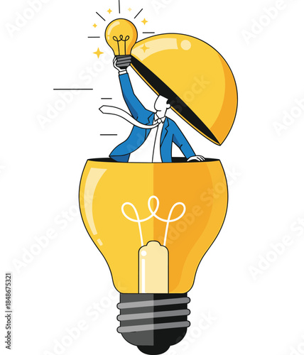 Conceptual Vector Illustration of a Businessman Emerging from a Giant Light Bulb and Holding a Glowing Idea Bulb Above His Head