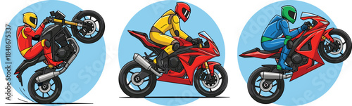 Vector Illustration Set of Sport Motorcycle Riders Performing Stunts: Wheelie, Cornering, and High-Speed Racing Action