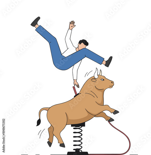 Vector Illustration of a Man Being Thrown Off a Spring-Rider Bull Toy, Symbolizing Risk, Challenge, Failure, or Volatility