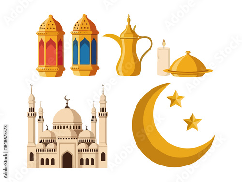 Islamic Ramadan Kareem Gold Icon Set Luxury Mosque and Lantern Symbols