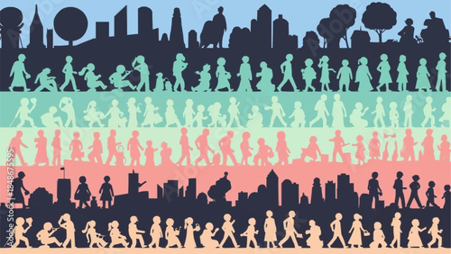 Diverse crowd of people in silhouette against a city skyline.