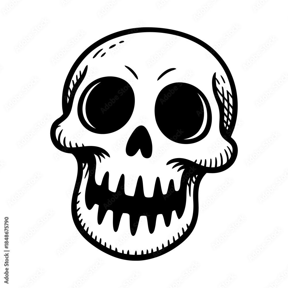 Fototapeta premium Illustration of a black and white illustration of a skull with a menacing grin isolated on transparent background