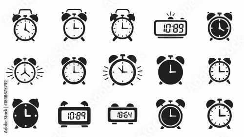 Collection of various alarm clock icons and digital displays.