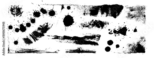 Grunge splatter doodle set with black paint ink splash and brush spray textures. Vector graphic elements with abstract stain patterns, watercolor effects and rough stroke shapes isolated on white.