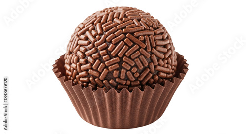 Single chocolate brigadeiro in a brown paper cup isolated on a transparent background