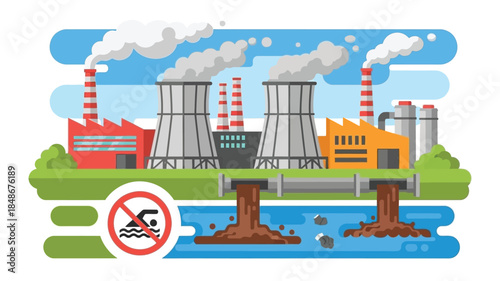 Industrial pollution impacting air and water quality near a factory complex