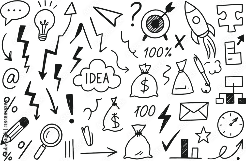 Obraz premium Set of vector doodle element related to business plan, start up, growth, idea 