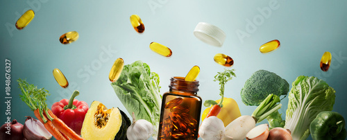 Konstfotografi “Healthy vitamins, fresh vegetables, and dietary supplements are displayed on a blue background, emphasizing the health benefits and a balanced lifestyle