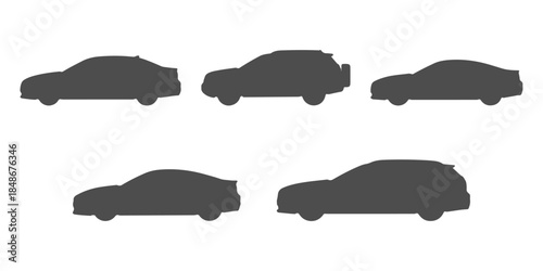 CAD Drawings. Set of passenger cars silhouette side view including sedan, hatchback, SUV, coupe, and station wagon isolated on white background. Vector illustration.