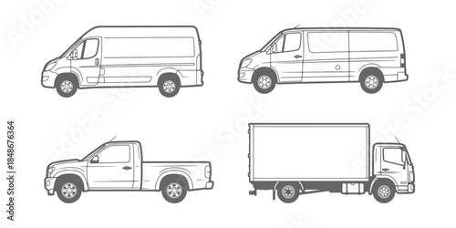 CAD Drawings. Side view set of commercial vehicles including delivery van, cargo van, pickup truck, and box truck isolated on white background. Vector illustration.