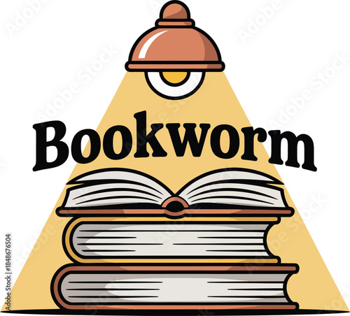 Bookworm Cozy Vector Graphic with Open Book and Steaming Lamp for Reading and Education