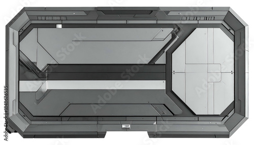 A grayscale image showcases a stylized, rectangular doorway with geometric patterns and a futuristic aesthetic, highlighting its metallic components