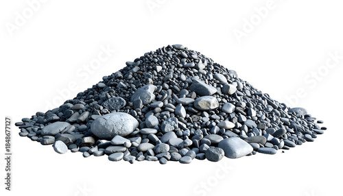 A large pile of grey and white, rounded stones of various sizes, with a smooth appearance. The stones are densely packed