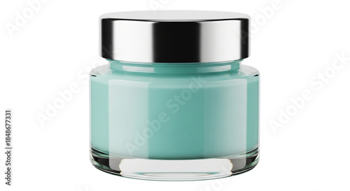Luxury skincare jar with turquoise face cream and silver lid on transparent background
