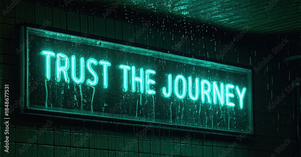 Naklejka premium Neon sign displays inspirational message. Wet surface reflects bright green light, creating moody atmosphere. Dark background emphasizes text.