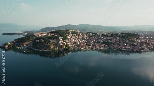 Drone view of the city on Ohrid Lake, gorgeous landscape view, Macedonia, 4k