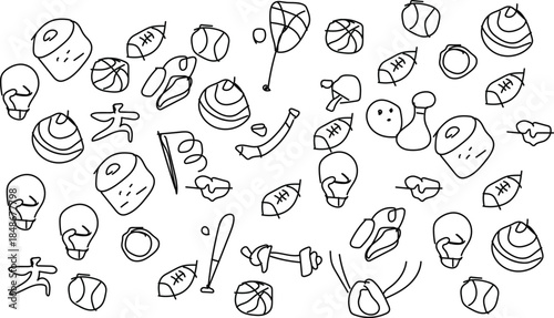 Sports doodle icons, hand drawn sports clipart, fitness doodles, sport elements set, gym workout sketch, sport ball outline, athletics doodle art, game symbols, running clipart, sports vector pack, gy