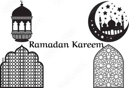 Ramadan Kareem Islamic Decorative Elements Set with Mosque Silhouette and Geometric Arch Windows