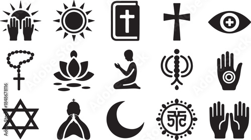 Diverse Global Religious and Spiritual Symbols Collection featuring Faith Icons and Prayer Silhouettes