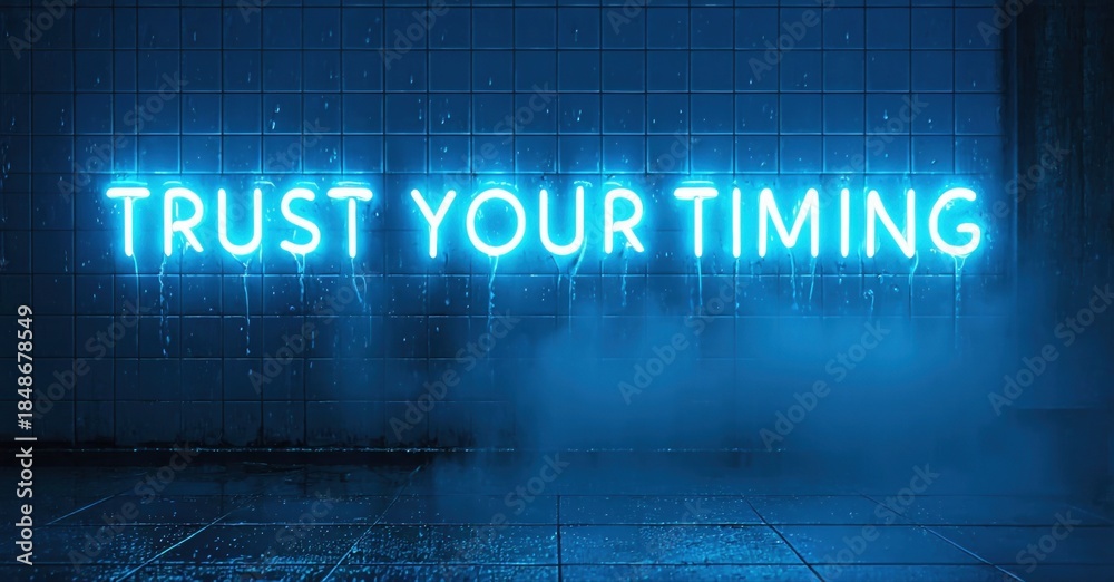 Naklejka premium Bright neon sign displays positive message. Wet tiled wall creates dramatic effect. Blue tones dominate scene, evoking calm mood.