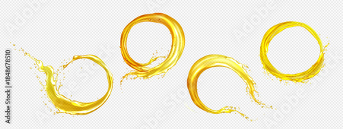 Juice splash with circular golden waves and scattered droplets on transparent background. Realistic yellow liquid swirls with flowing streams for fruit juice beverage packaging and drink advertising.
