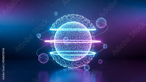 Futuristic Neon Globe with Digital Rings and Particles.