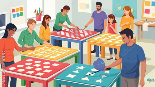 Interactive classroom scene with students and teachers engaging in creative learning activities in