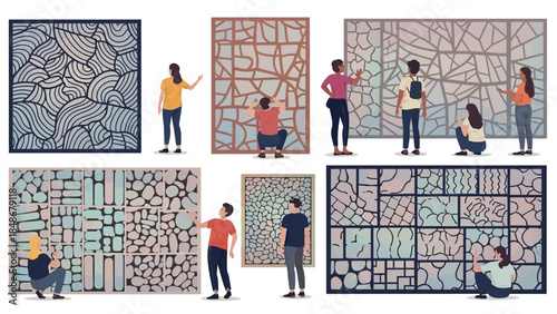 people observing and discussing various abstract mosaic and tile patterns at an art exhibition or