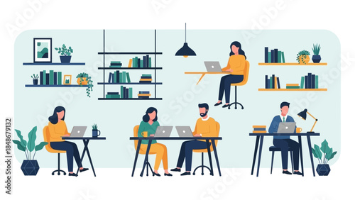 modern collaborative workspace with team members working on laptops in a stylish office environment