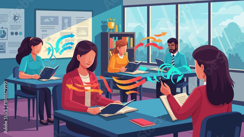 modern corporate office with employees engaging in discussions focusing on air circulation and