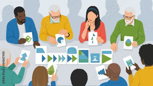 Multigenerational diverse group engaging with digital media and visual content in a collaborative