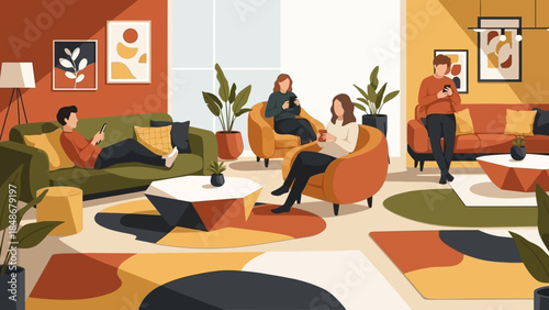 Modern cozy lounge with diverse young adults using smartphones and tablets in a vibrant indoor space