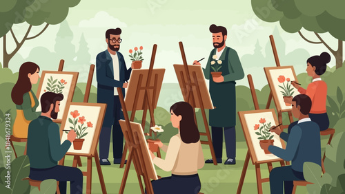 Outdoor art class with diverse students painting nature scenes under trees