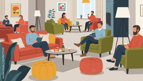 Modern Living Room Scene with People Relaxing and Engaging in Diverse Activities