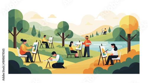 Outdoor Painting Class Scene with Diverse Artists Engaged in Landscape Art Activities