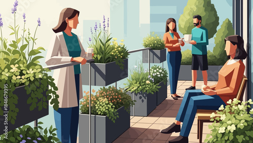 outdoor social gathering with people enjoying greenery on a sunny terrace