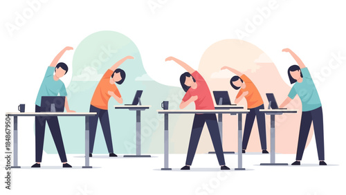 People Performing Office Stretching Exercises at Work for Improved Posture and Flexibility During