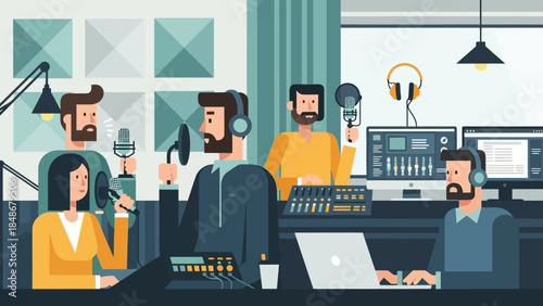 Modern radio broadcasting studio with diverse production team engaging in recording session and