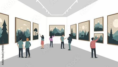 people observing landscape paintings in modern art gallery with white walls and bright lighting