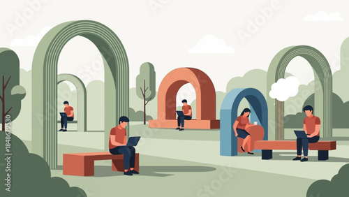 peaceful public park setting with people using digital devices amidst architectural arches and