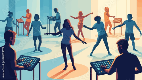 people dancing and socializing in a vibrant indoor setting with musical instruments and colorful