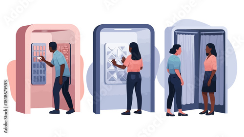 People Using Various Types of Automated Teller Machines and Self-Checkout Kiosks in Different