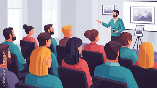 professional business presentation with diverse audience and speaker in modern office setting