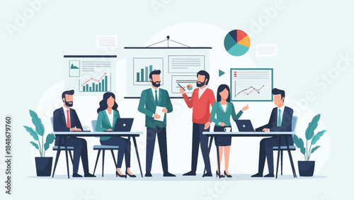 professional business team engaged in data analysis and strategic planning in modern office setting