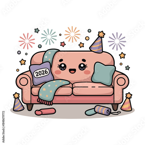 A cute kawaii-style cartoon illustration of a living room sofa with pink cheeks and sleepy eyes.