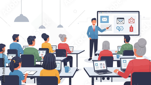 professional digital communication workshop with diverse participants engaging in presentation and