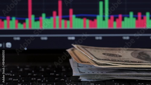 Candlestick chart moving on screen, cryptocurrency charts and graphs. The price fluctuations of cryptocurrencies. Close up view.