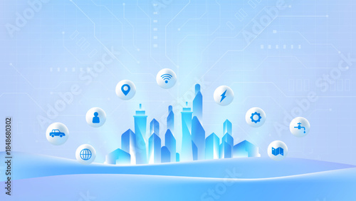 Smart city technology and IoT network connectivity with futuristic urban silhouette and icons