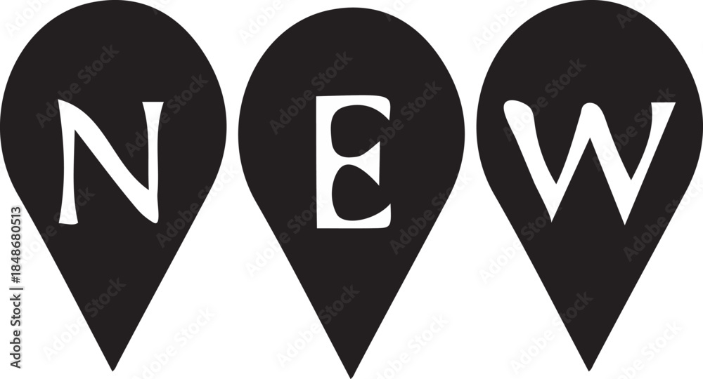 Obraz premium Black and white illustration of the word 'New' in three distinct pointers on a transparent background
